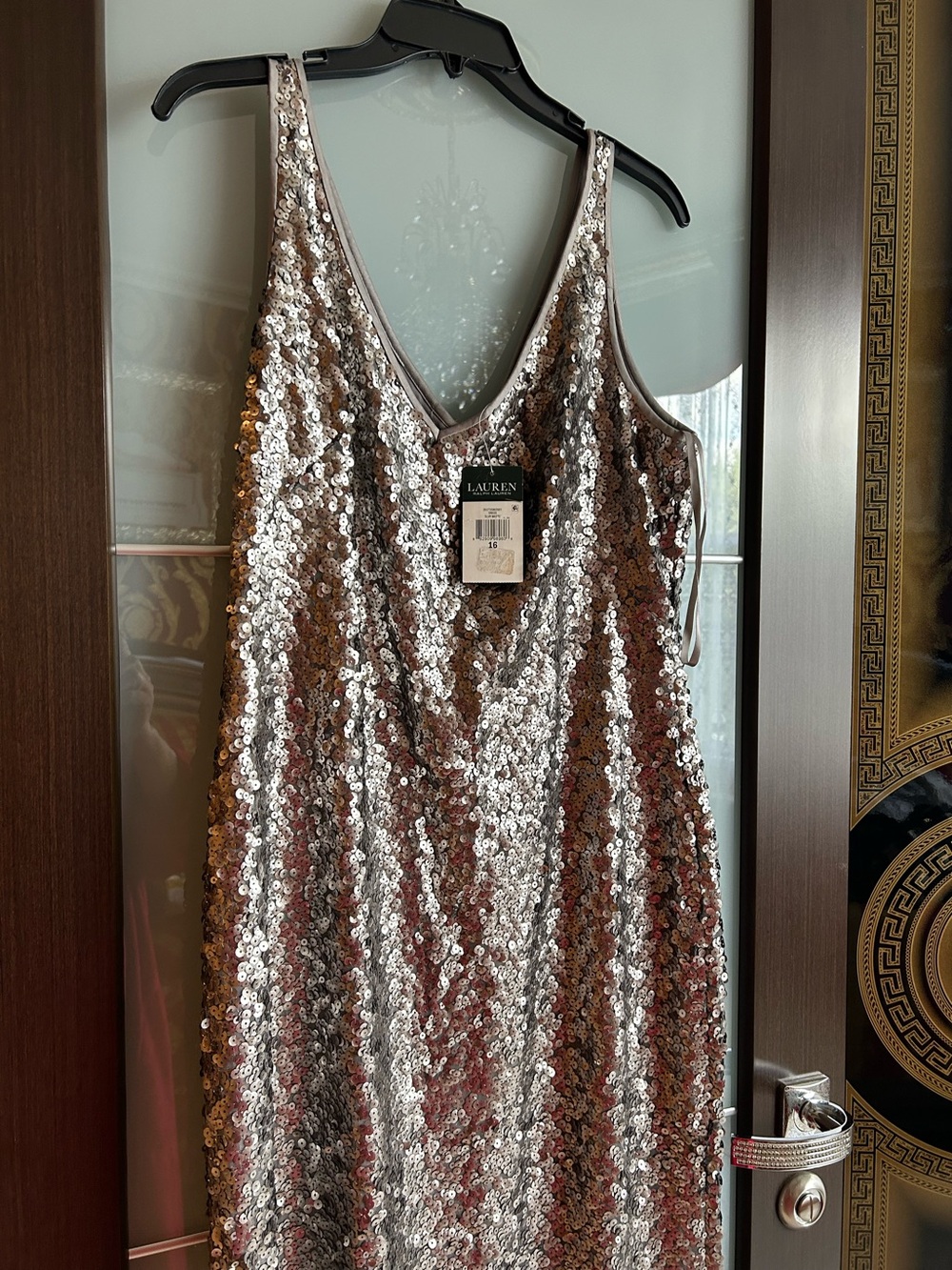 Lauren Ralph Lauren Silver Sequin Strapless-Look V-Neck Dress